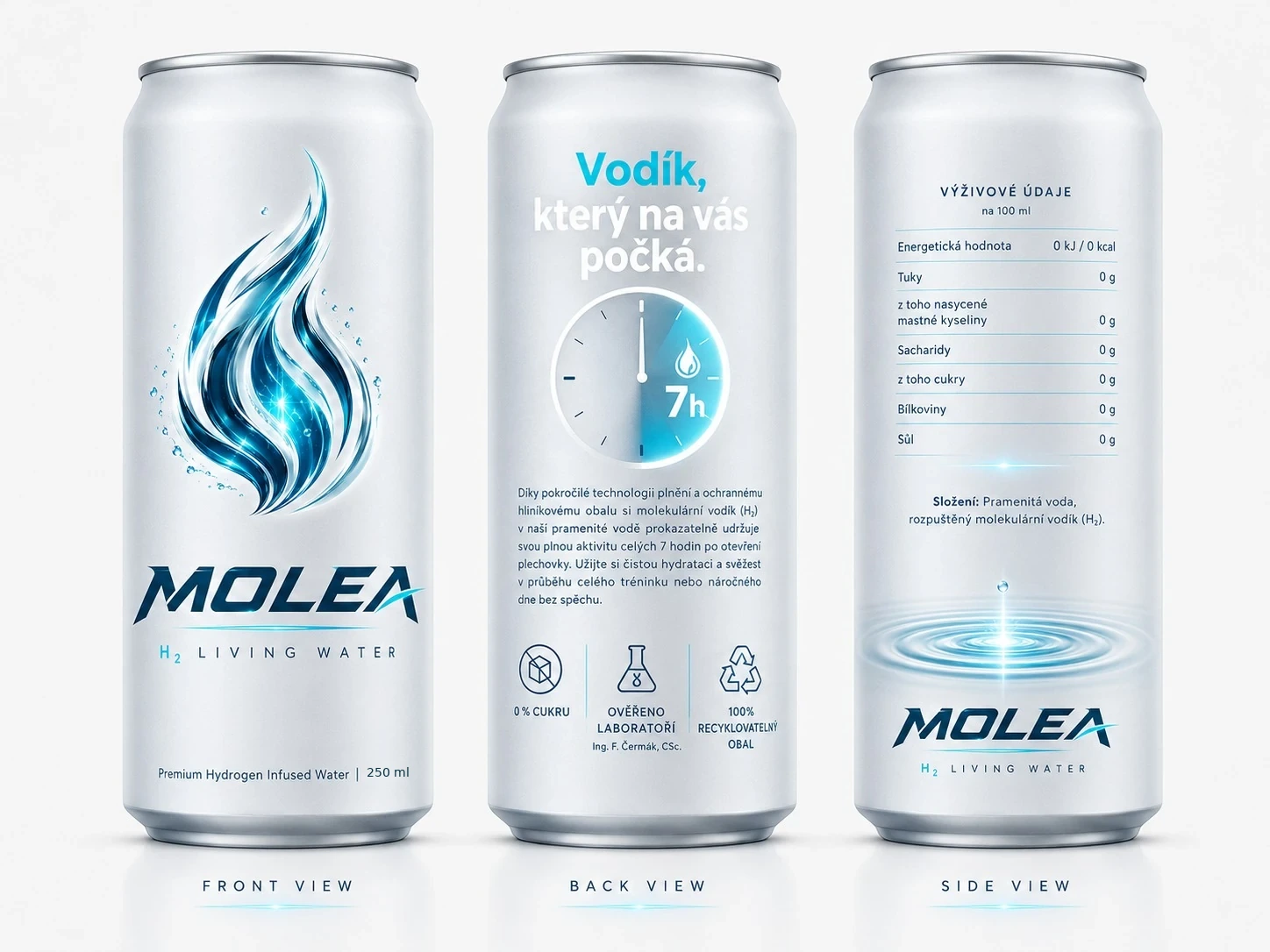 MOLEA H₂ Living Water – přední, zadní a boční pohled na plechovku